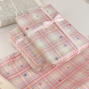 Pink plaid star Korean style gift wrapping paper