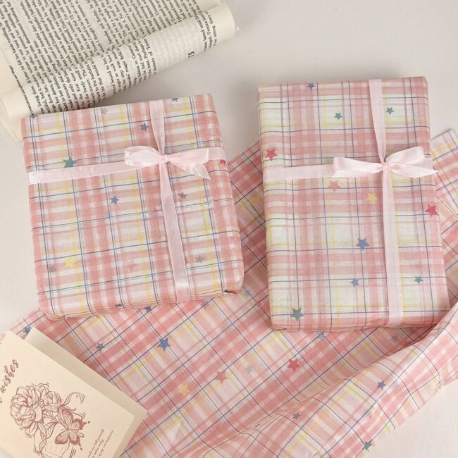 Pink plaid star Korean style gift wrapping paper