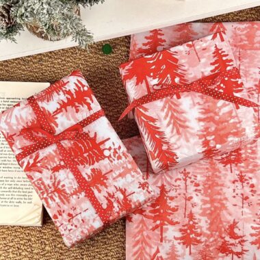 Red cedar Christmas wrapping paper with festive winter atmosphere