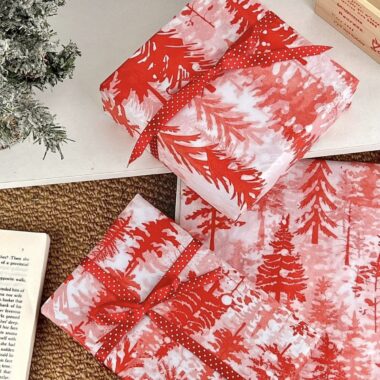 Red cedar Christmas wrapping paper with festive winter atmosphere