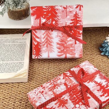 Red cedar Christmas wrapping paper with festive winter atmosphere