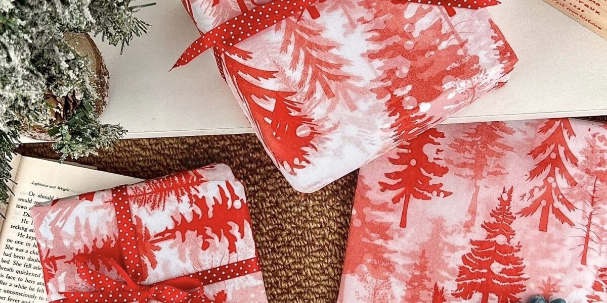 Red cedar Christmas wrapping paper with festive winter atmosphere