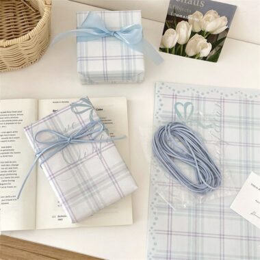 Sky blue checkered kraft gift wrapping paper minimalist style