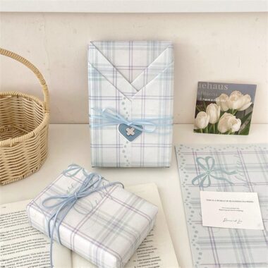 Sky blue checkered kraft gift wrapping paper minimalist style