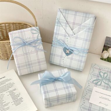 Sky blue checkered kraft gift wrapping paper minimalist style