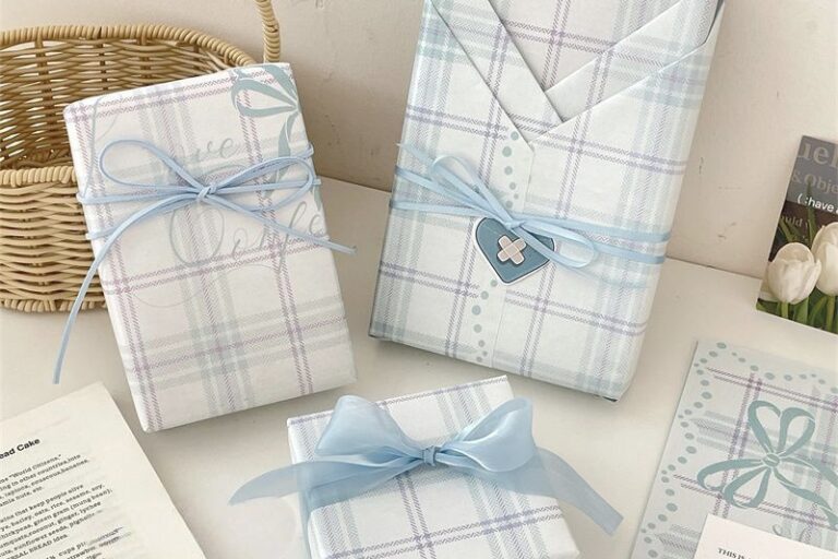 Sky blue checkered kraft gift wrapping paper minimalist style