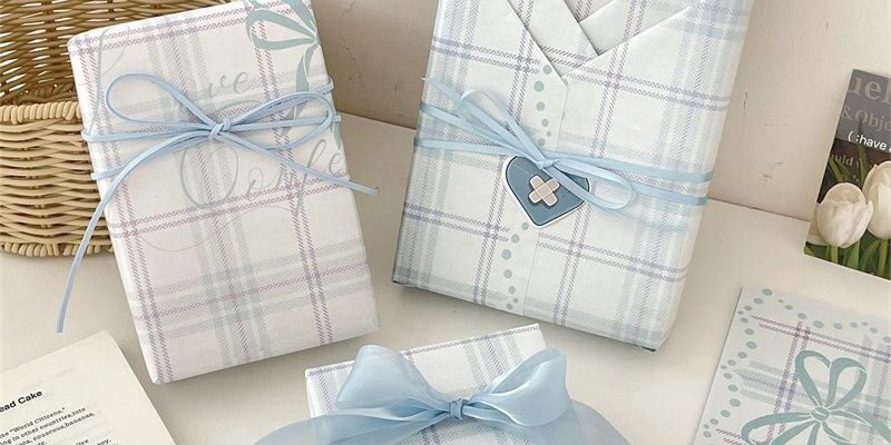 Sky blue checkered kraft gift wrapping paper minimalist style