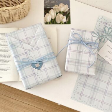 Sky blue checkered kraft gift wrapping paper minimalist style