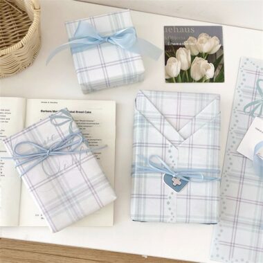 Sky blue checkered kraft gift wrapping paper minimalist style