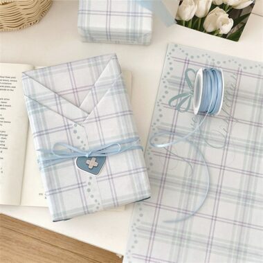 Sky blue checkered kraft gift wrapping paper minimalist style