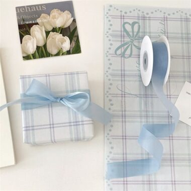 Sky blue checkered kraft gift wrapping paper minimalist style