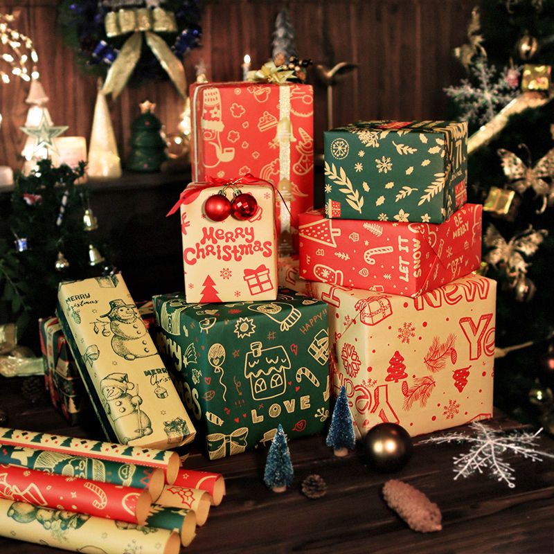 Thick brown kraft red green Christmas wrapping paper