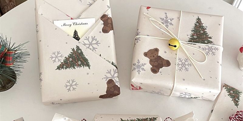 Cute bear and Christmas tree wrapping paper for holiday gifts