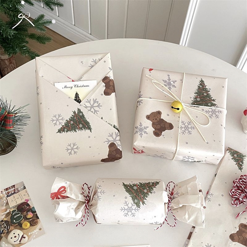 Cute bear and Christmas tree wrapping paper for holiday gifts