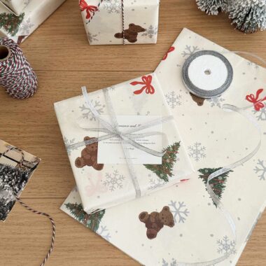 Cute bear and Christmas tree wrapping paper for holiday gifts