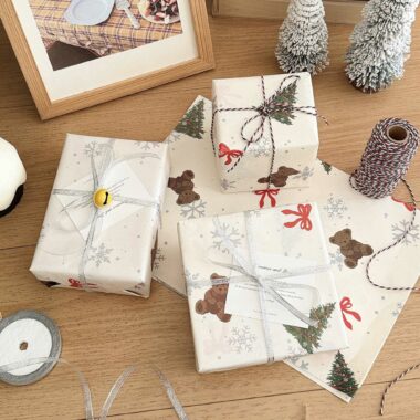 Cute bear and Christmas tree wrapping paper for holiday gifts