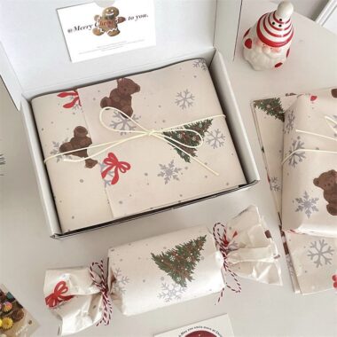 Cute bear and Christmas tree wrapping paper for holiday gifts
