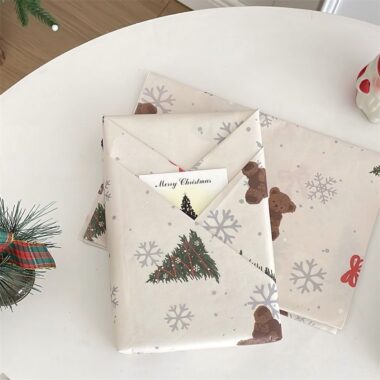 Cute bear and Christmas tree wrapping paper for holiday gifts